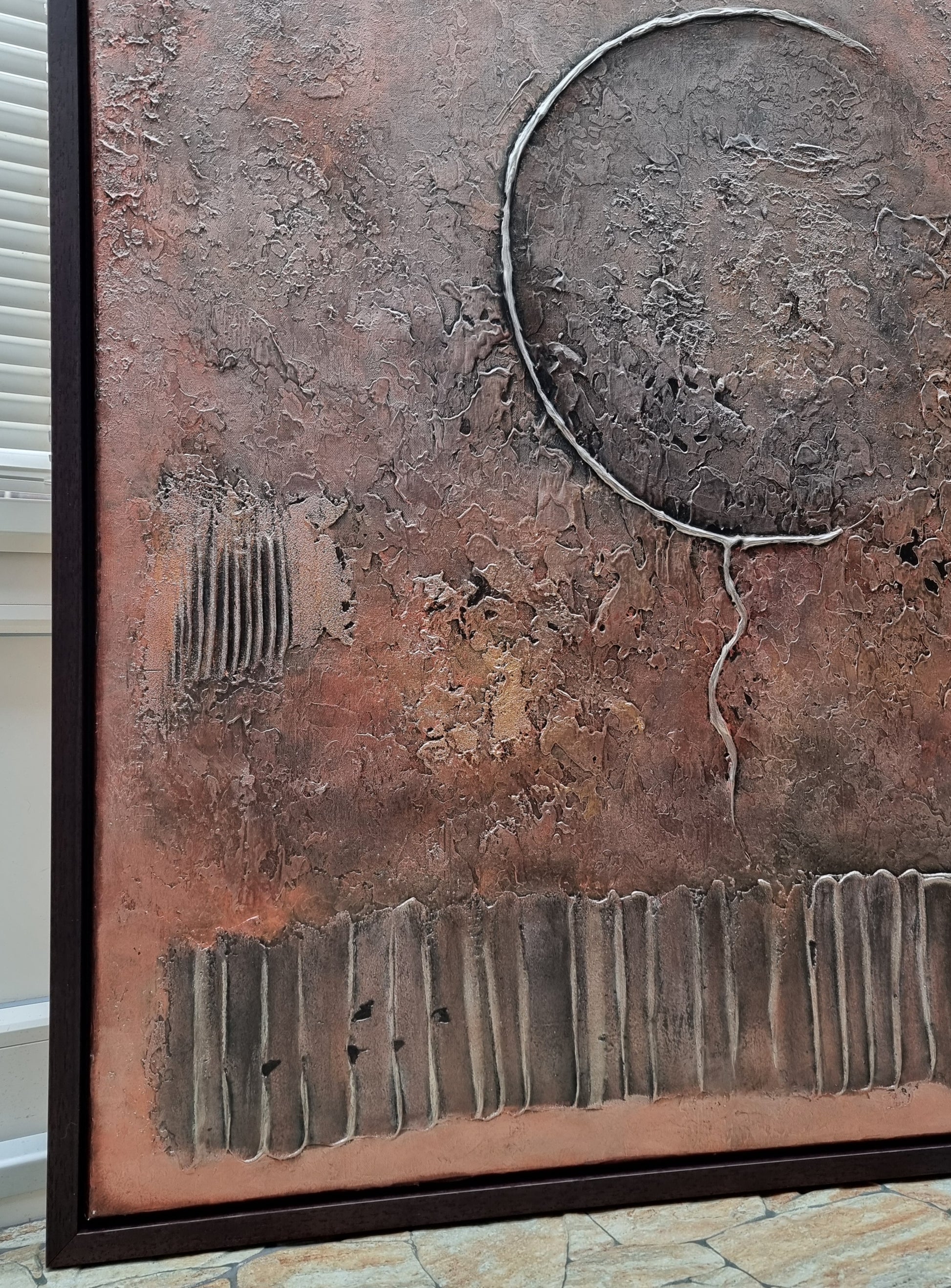 Orlando copper kunstwerk schilderij van Frances Eckhardt met abstracte texturen en metalen accenten