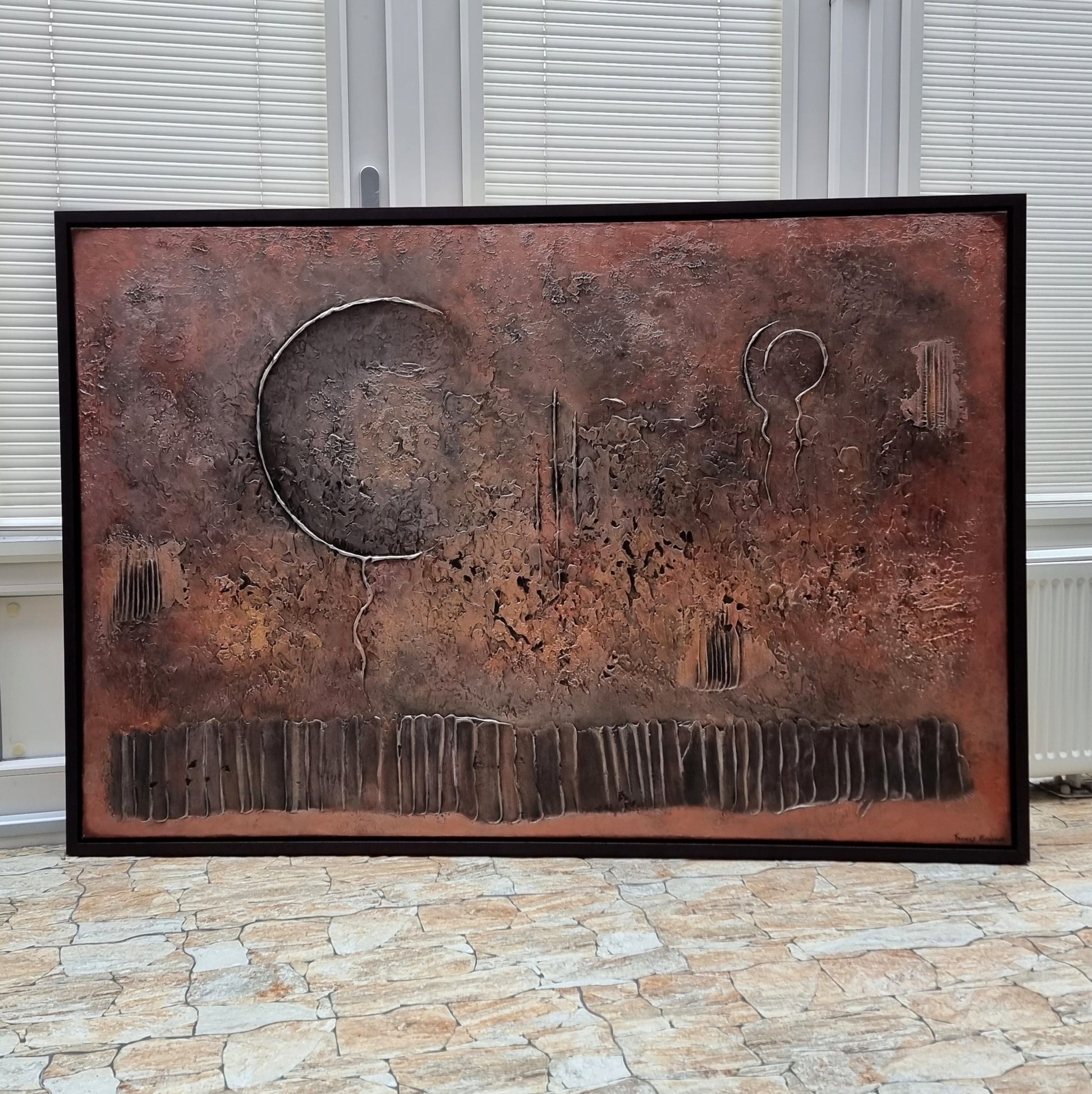Frances Eckhardt Orlando copper kunstwerk schilderij met abstracte metalen texturen in koperkleur