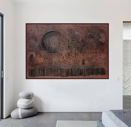 Orlando copper kunstwerk schilderij van Frances Eckhardt hangend in een moderne woonkamer