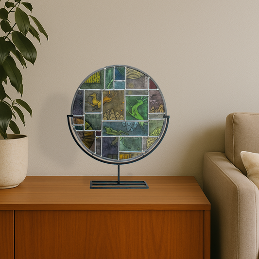 Panta Rhei glas kunstwerk van Glas & Art Ank Stumpel staand op houten kast in woonkamer