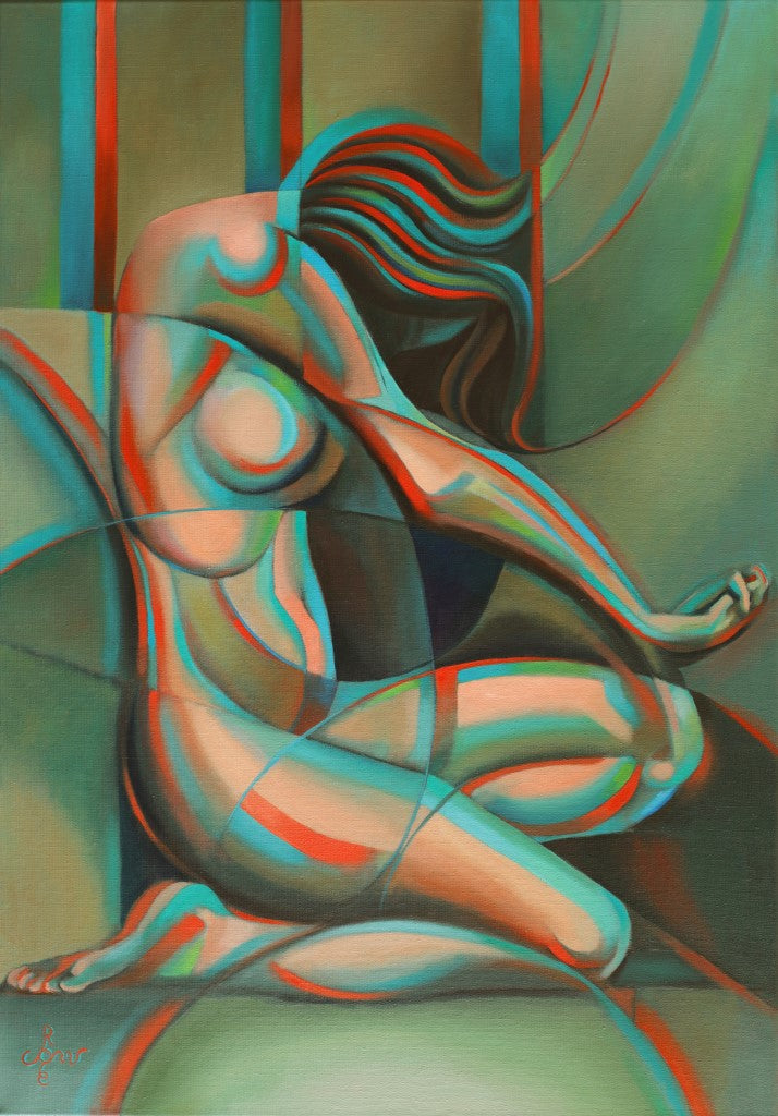 Modern roundism schilderij van een zittende vrouwelijke figuur in abstracte kleuren en vormen