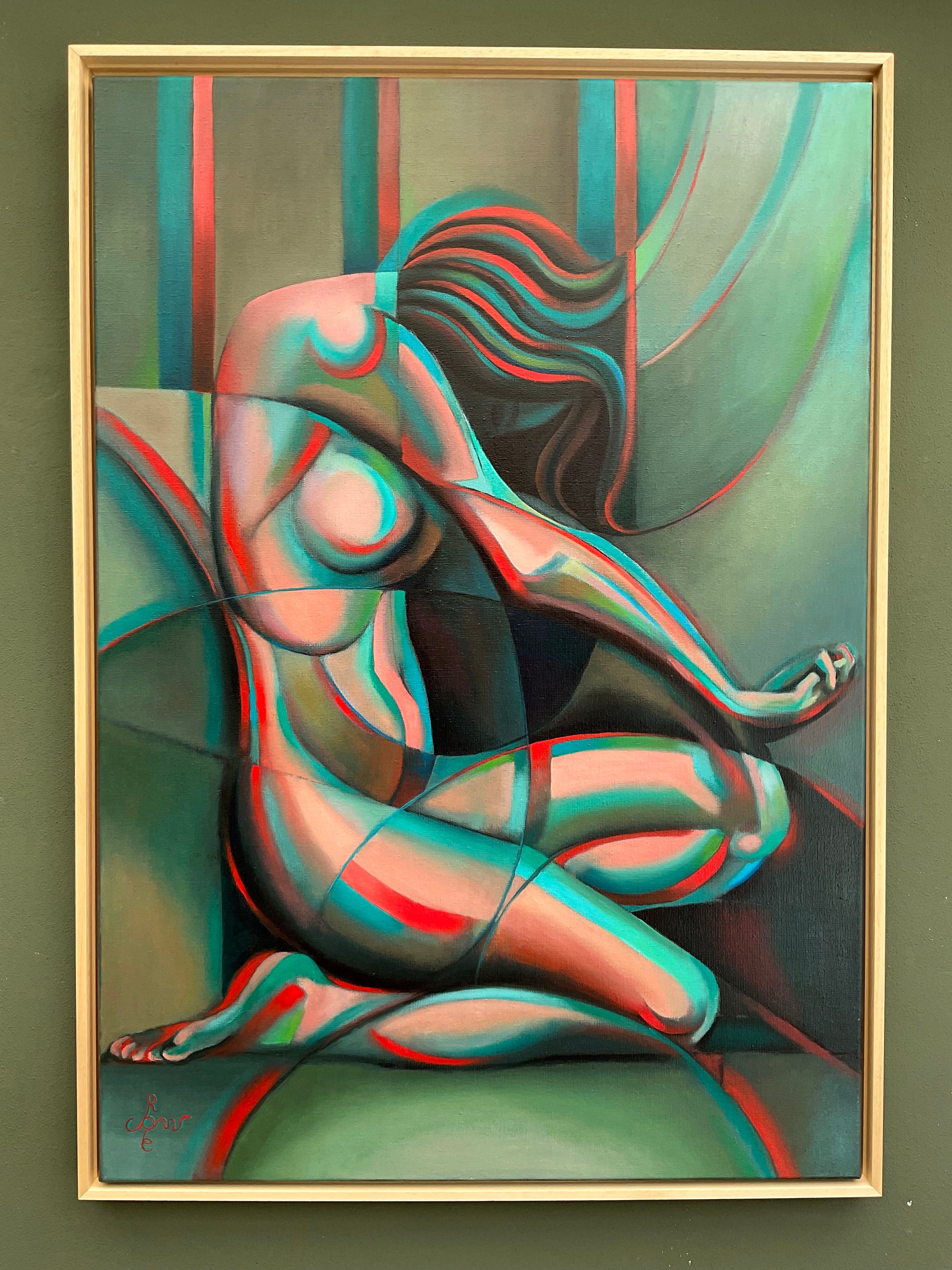 Rondvormig roundism schilderij van een zittende vrouw met levendige kleuren en abstracte lijnen