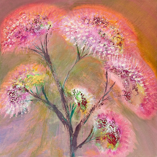 Schermbloemen schilderij van Inez Heintzberger met zachte roze en paarse tinten