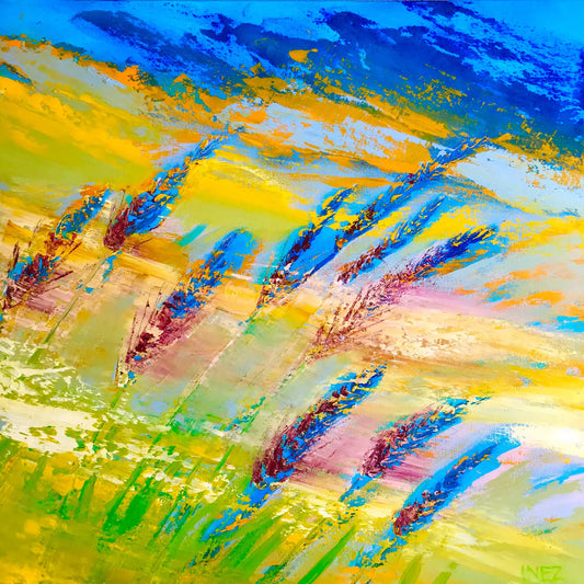 Kleurrijk schilderij breeze van Inez Heintzberger met golvende grassige vlaktes en een blauwe lucht
