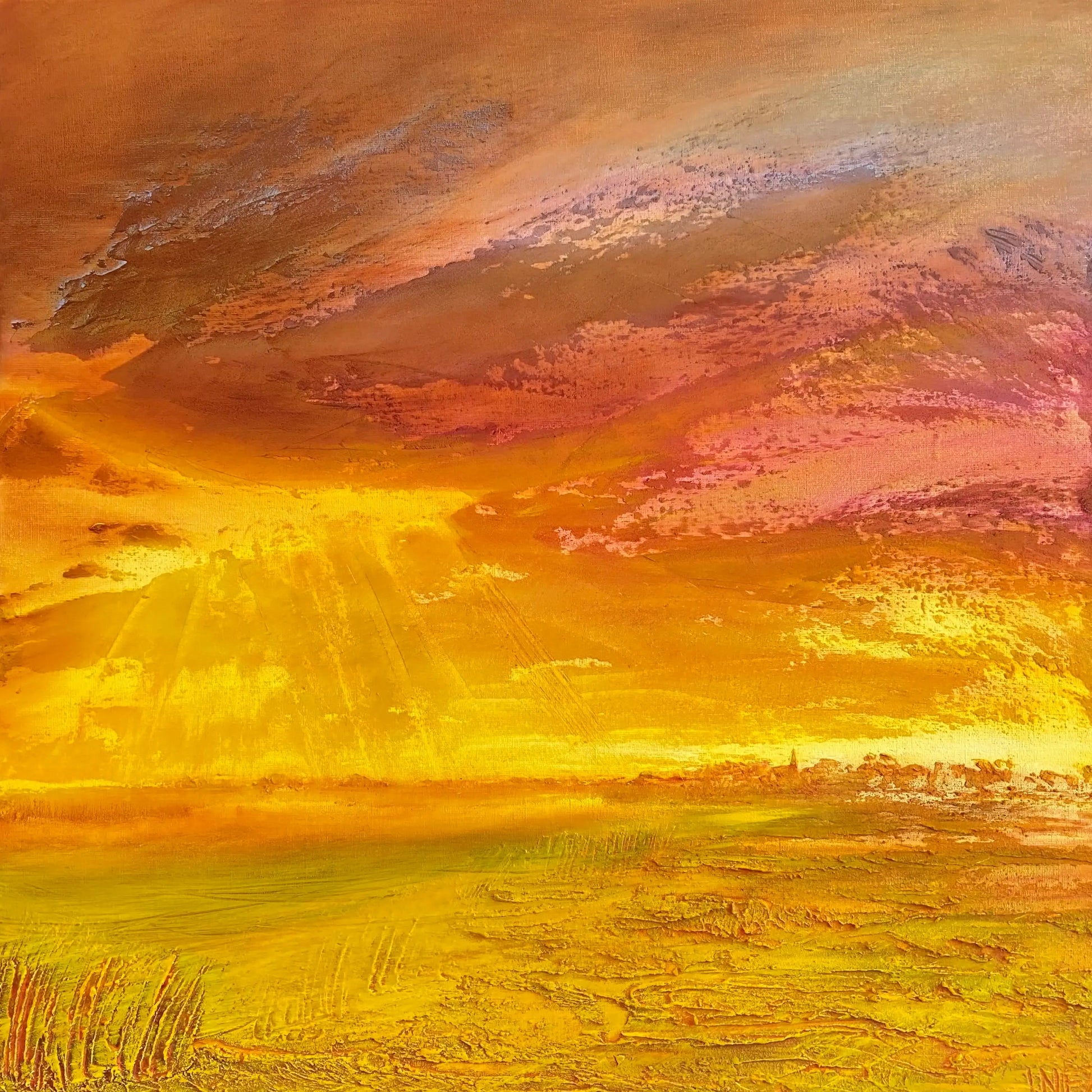 Abstract schilderij golden hour met warme tinten oranje en geel die een zonsondergang vastlegt