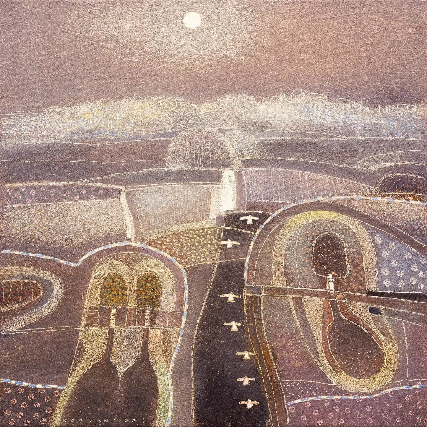 Schilderij land of shadows met een surrealistisch landschap en een volle maan boven de horizon