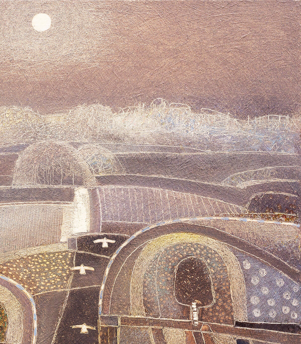 Schilderij land of shadows van Rob van Hoek met een dromerig landschap onder een volle maan