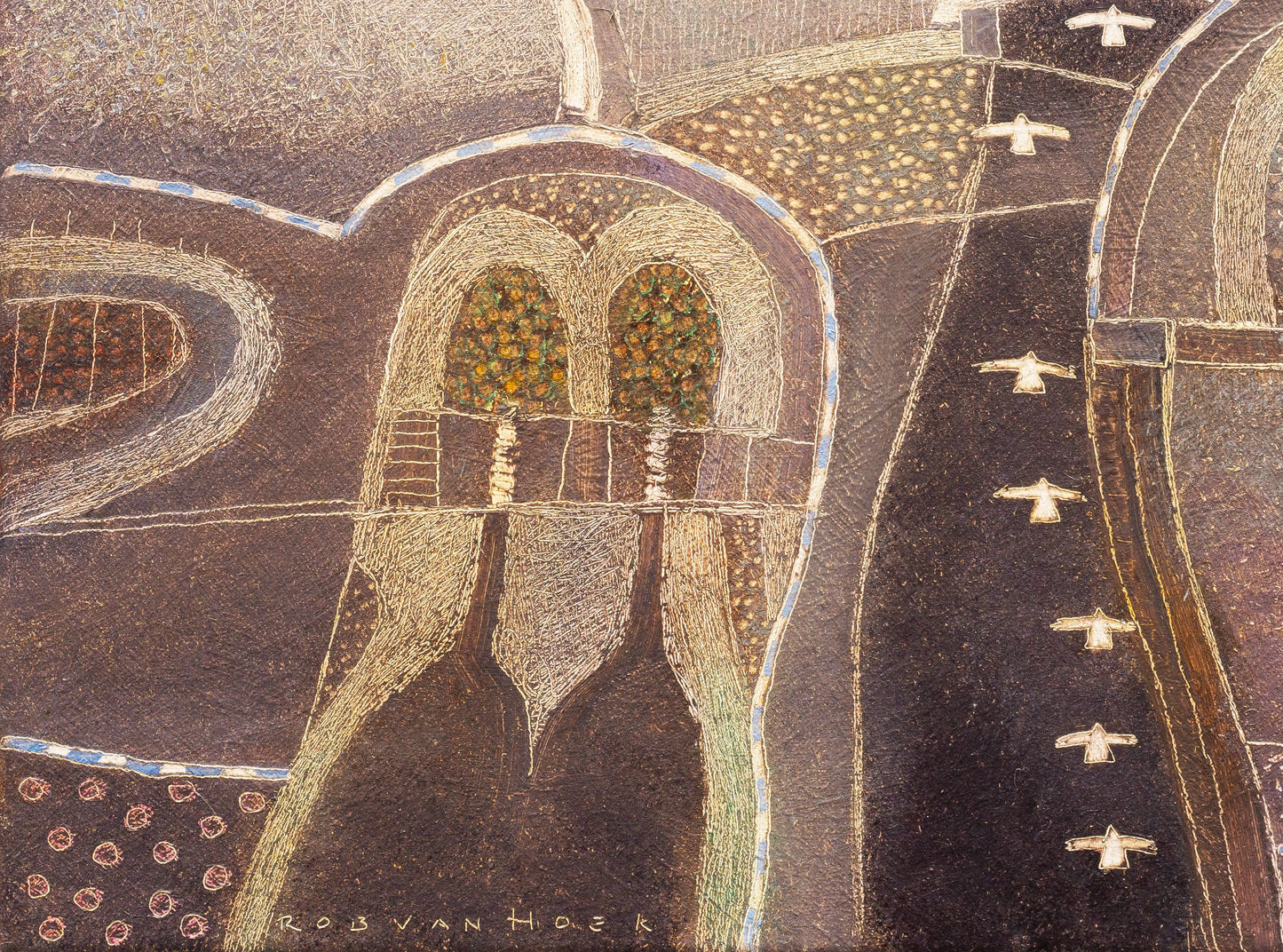 Schilderij land of shadows van Rob van Hoek met abstracte vormen en aardetinten