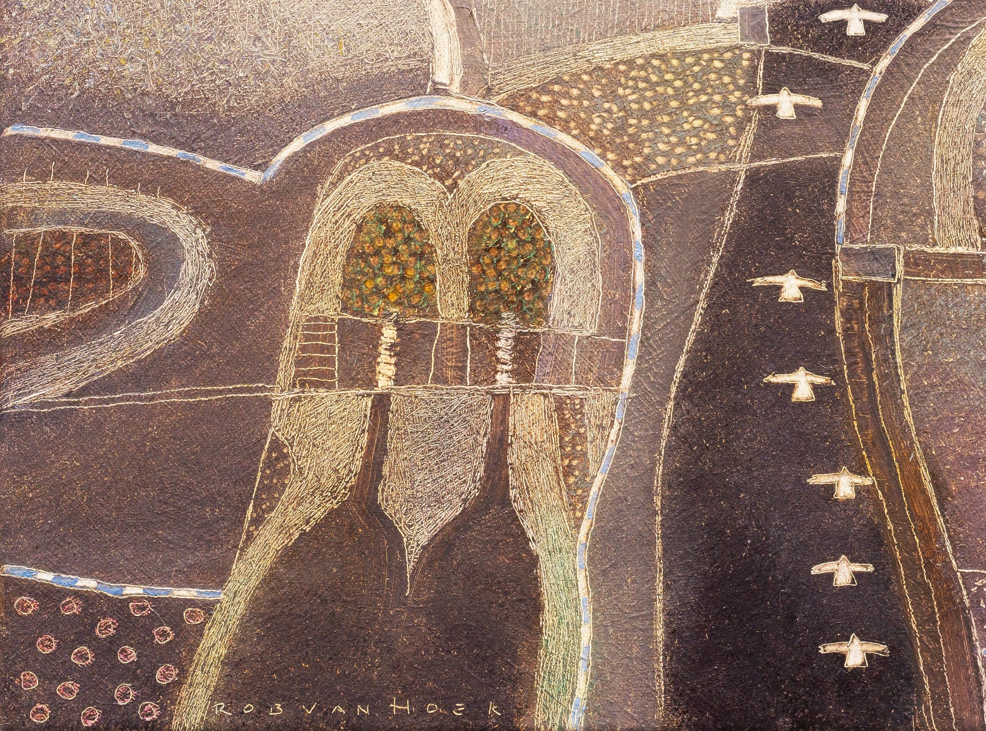 Schilderij land of shadows van Rob van Hoek met abstracte vormen en aardetinten