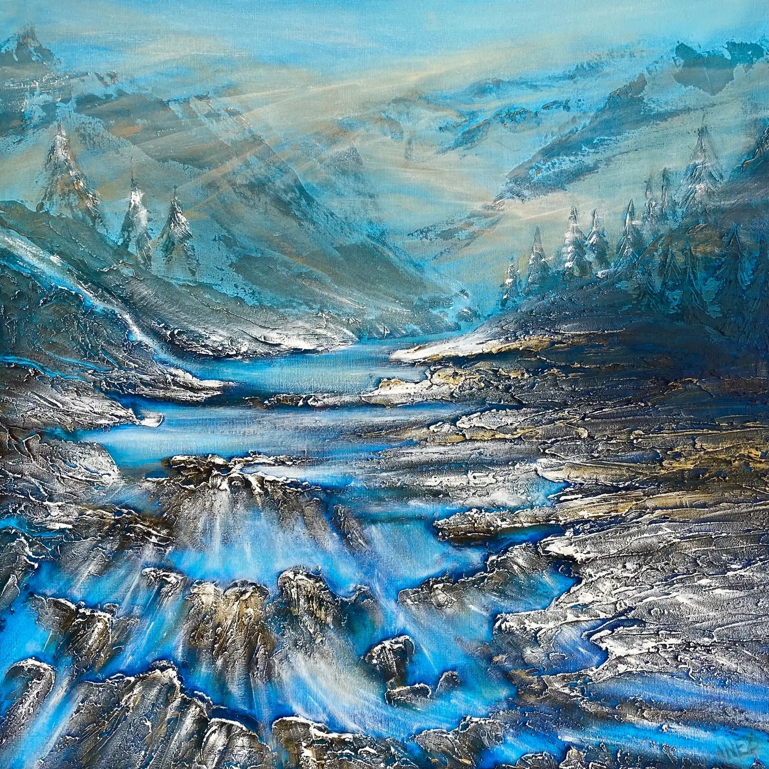Abstract schilderij smeltwater met blauwe en zilveren tinten die een berglandschap weergeven