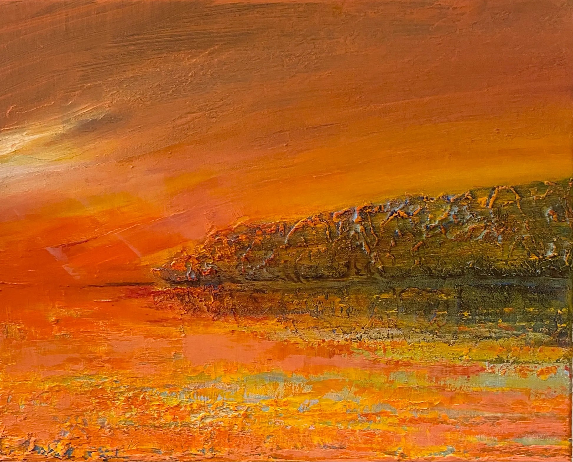 Schilderij Spiegelplas in levendige kleuren met een zonsopgang boven water en een reflectie van de natuur