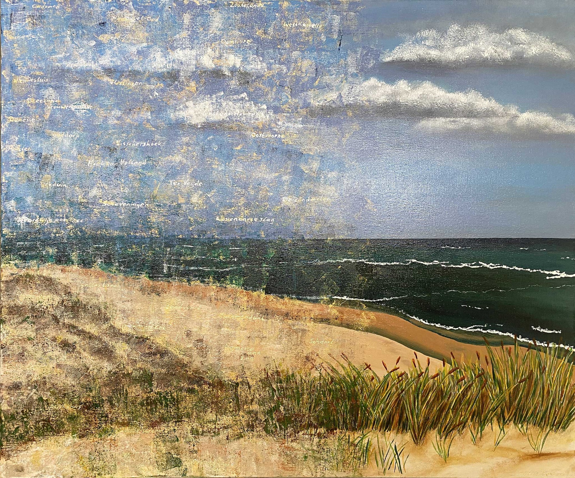 Schilderij van Elise Eekhout met een kustlandschap, zandduinen en golven tegen een blauwe lucht
