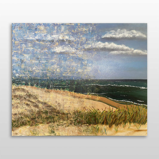 Schilderij van Elise Eekhout met een prachtig strandlandschap en blauwe lucht met wolken