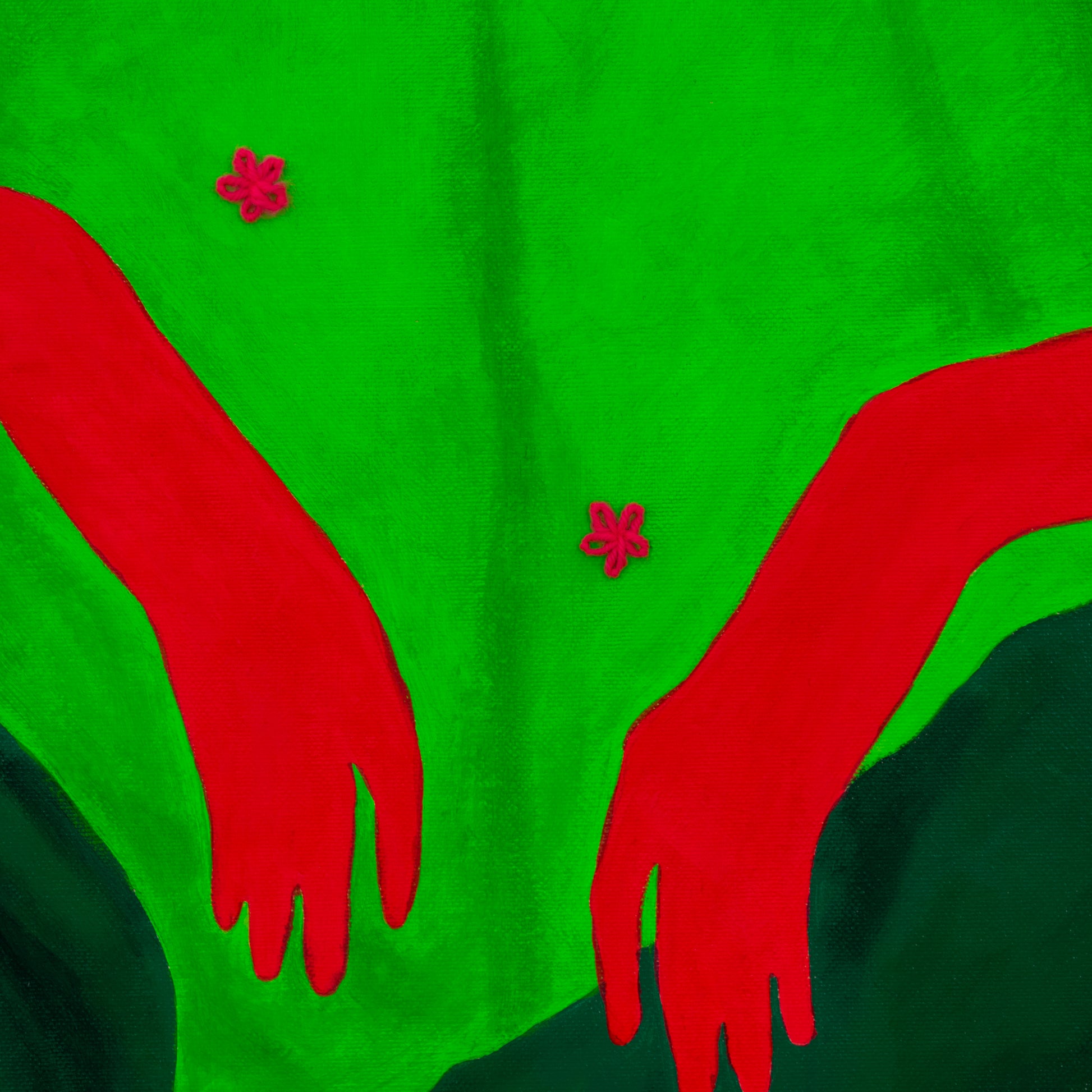 Kleurrijk schilderij vrouwelijk portret met rode handen op een groene achtergrond
