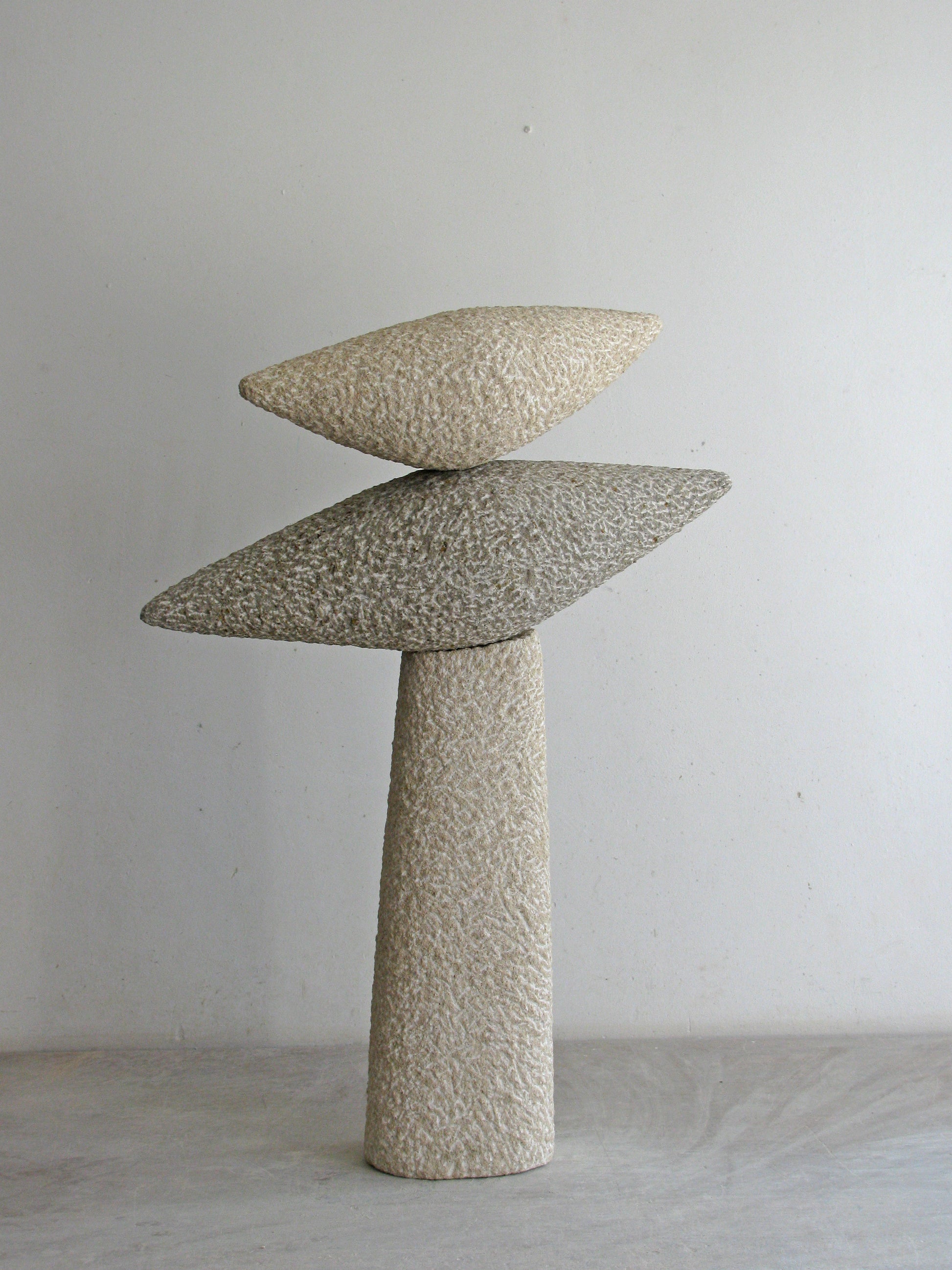 Moderne steen sculptuur van Fieke de Roij met unieke vormen en natuurlijke textuur