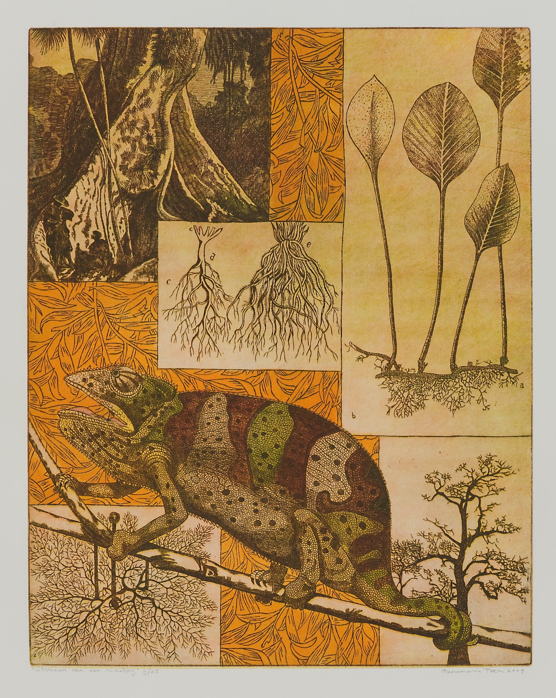 Surrealistisch ets kunstwerk met een kameleon en botanische elementen die natuurlijke schoonheid weergeven