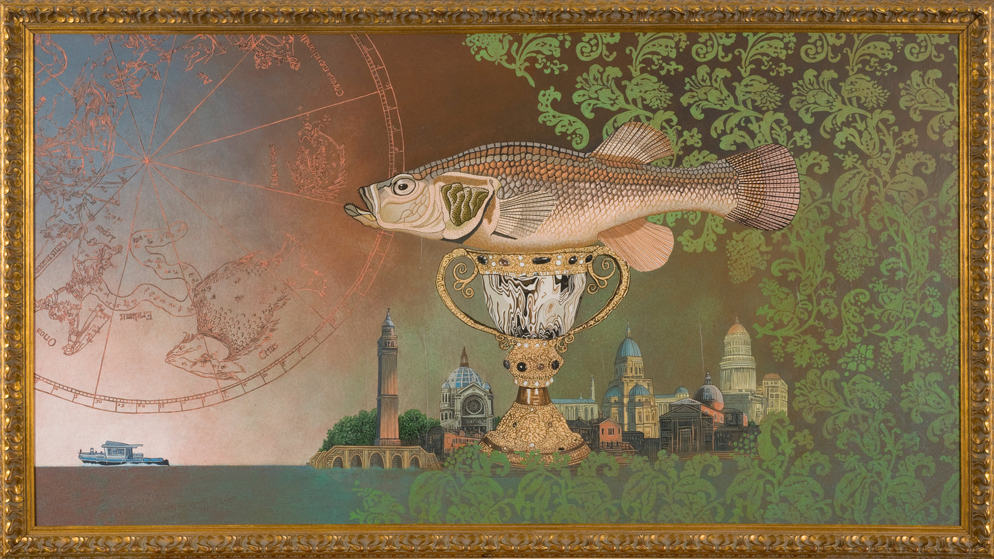Surrealistisch schilderij van een vis boven een trofee met historische gebouwen op de achtergrond