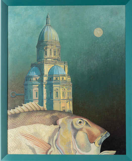 Surrealistisch schilderij van een vis en een toren met steeple onder de volle maan