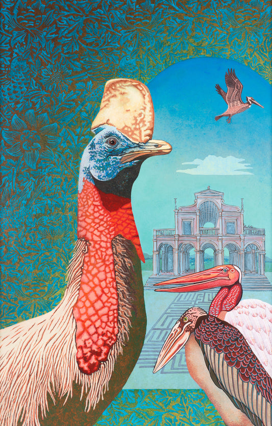 Surrealistisch schilderij van een struikvogel met kleurrijke achtergrond en andere vogels in de voorgrond