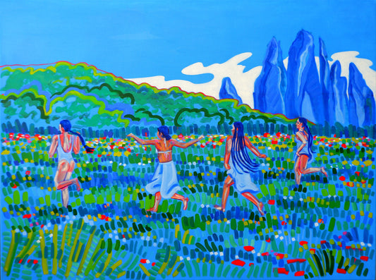 Schilderij 'The Memory Remains' met kleurrijke bloemen en dansende vrouwen in een landschap