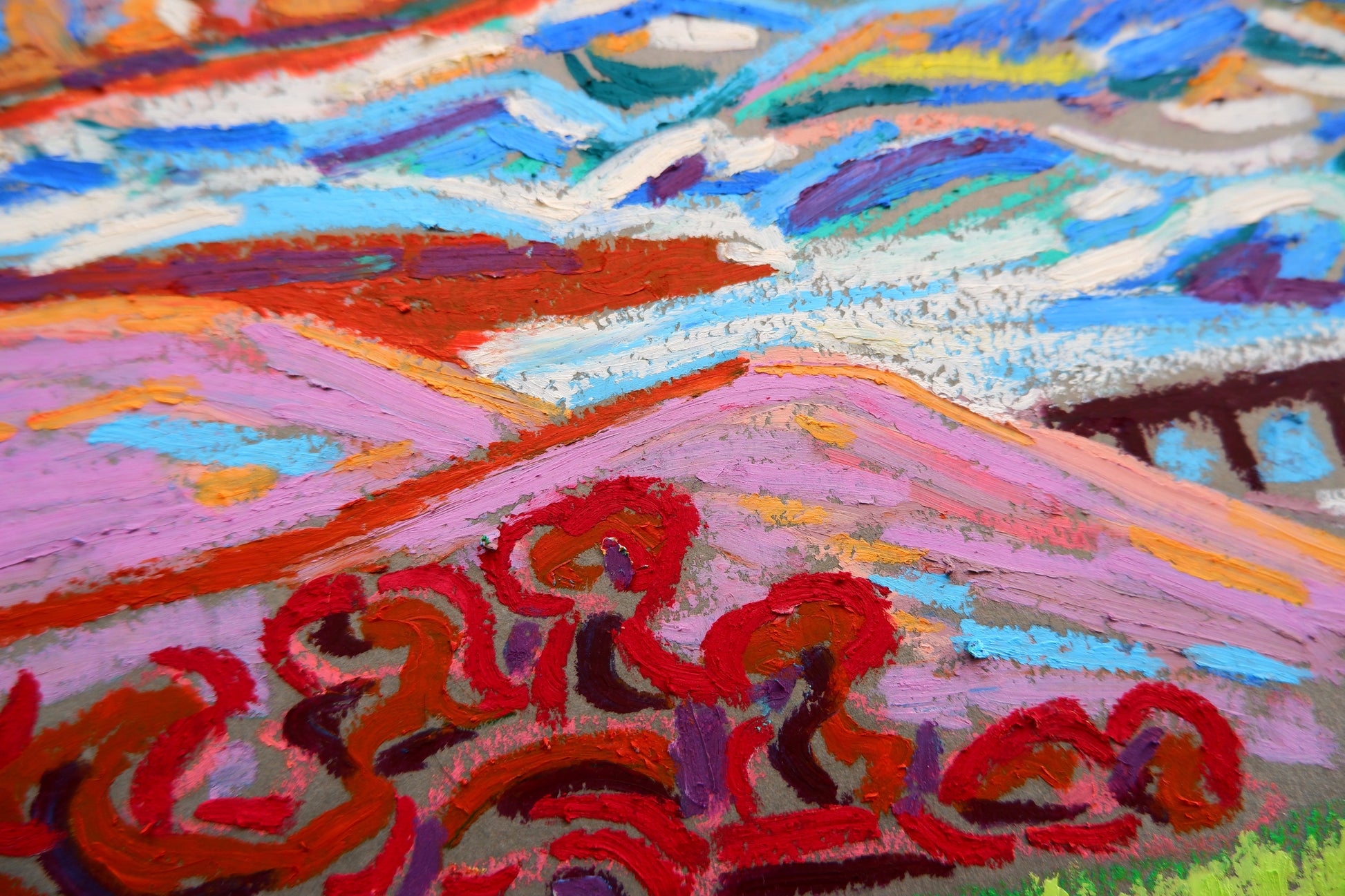 Schilderij van Van Lanigh met kleurrijke heuvels en luchten, getiteld The Sea, the Sea