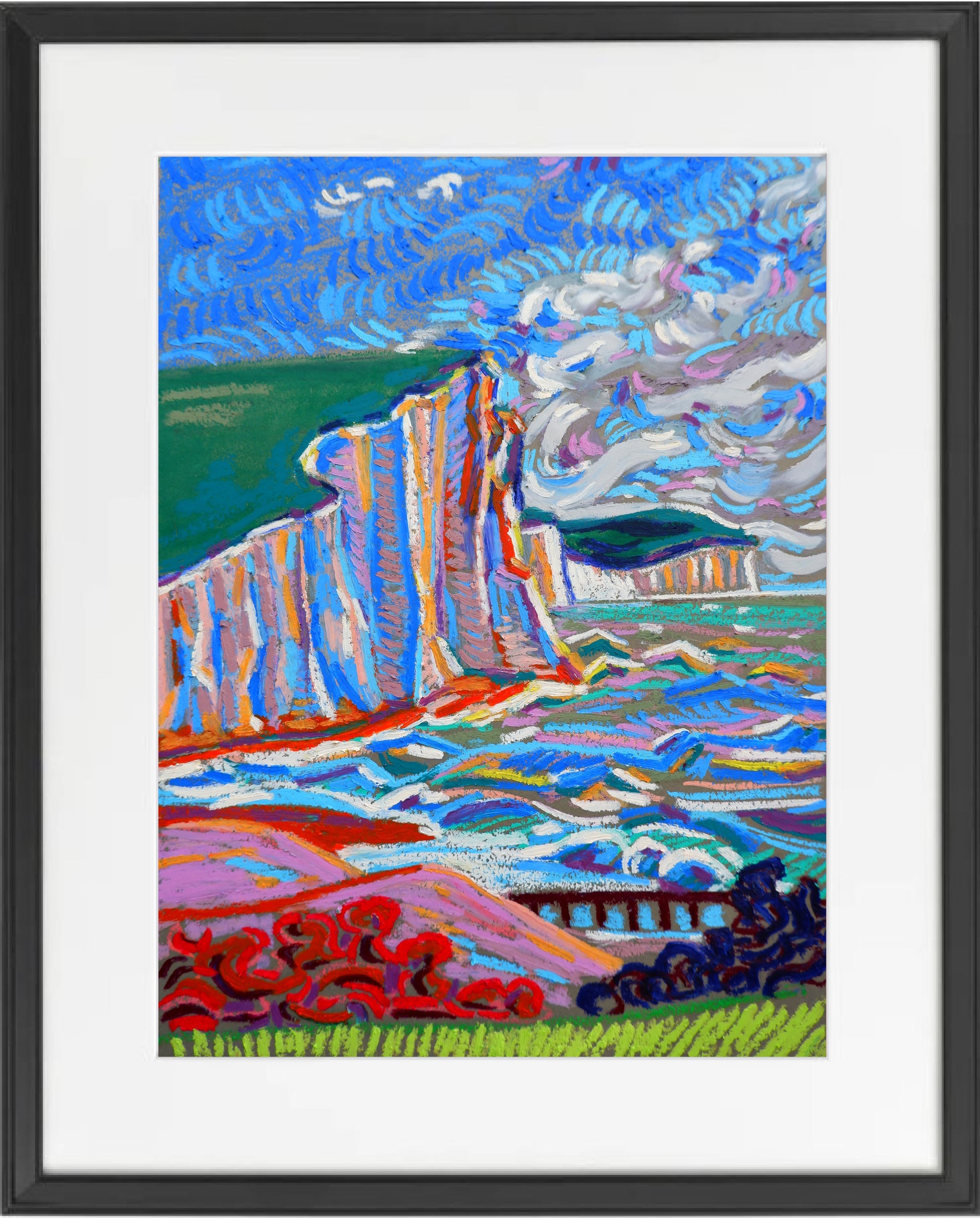Kleurrijk schilderij van een kustlandschap met de titel The Sea, the Sea door Van Lanigh