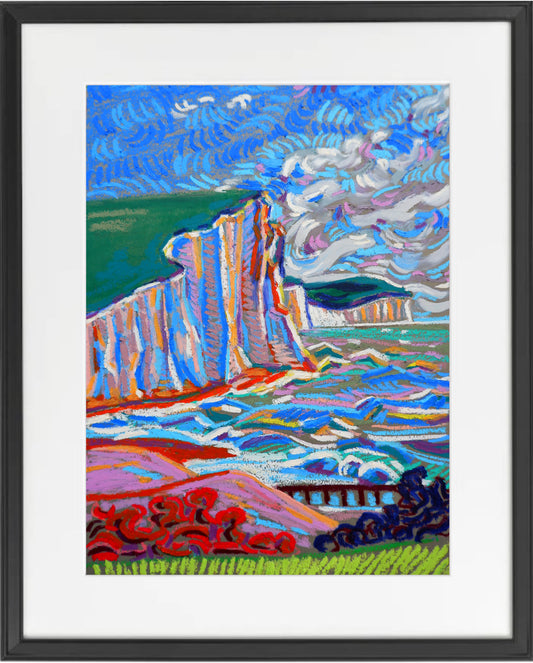 Kleurrijk schilderij van een kustlandschap met de titel The Sea, the Sea door Van Lanigh