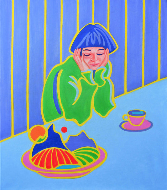 Schilderij van een vrouw met een groen overhemd die dromerig naar 'The World on a Plate' kijkt