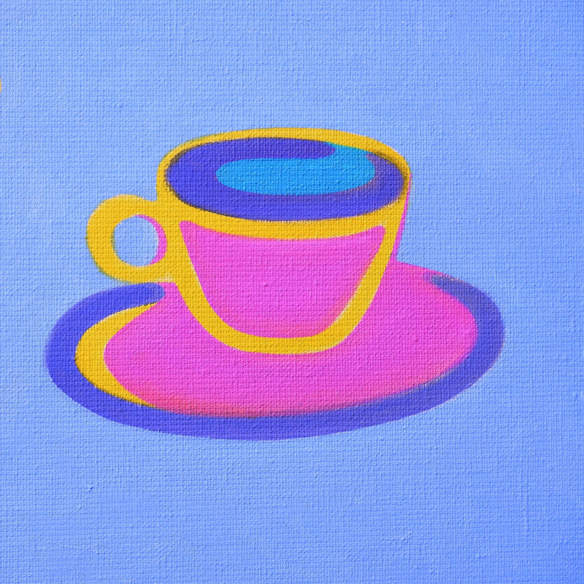 Schilderij van een kleurrijke theekop op blauwe achtergrond met de titel The World on a Plate