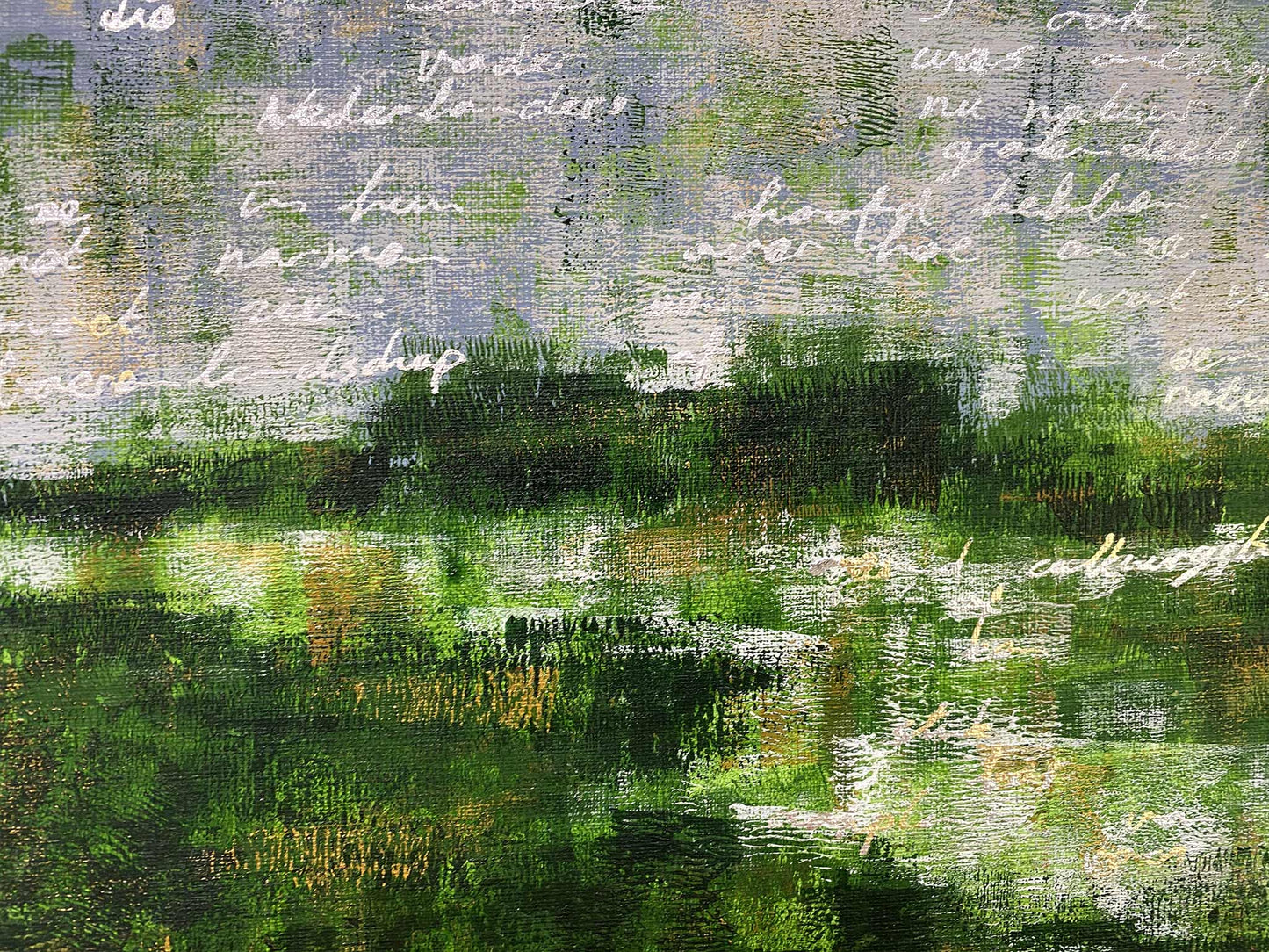 Tweeluik schilderij van Elise Eekhout met groene en grijze abstracte landschappen en handgeschreven teksten