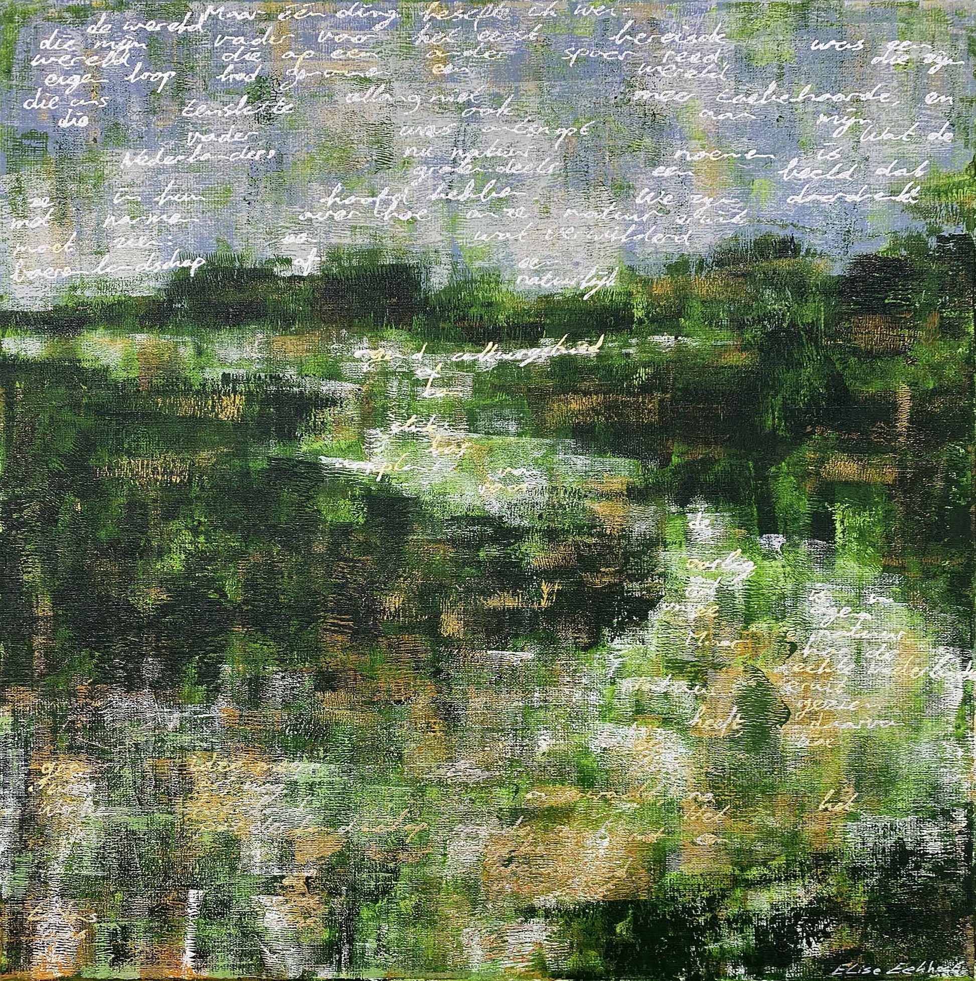 Abstract groen tweeluik schilderij van Elise Eekhout met tekst en natuurlijke elementen