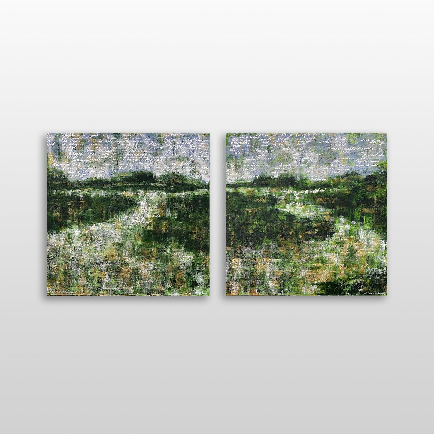 Twee en groene abstracte landschappen in een tweeluik schilderij van Elise Eekhout