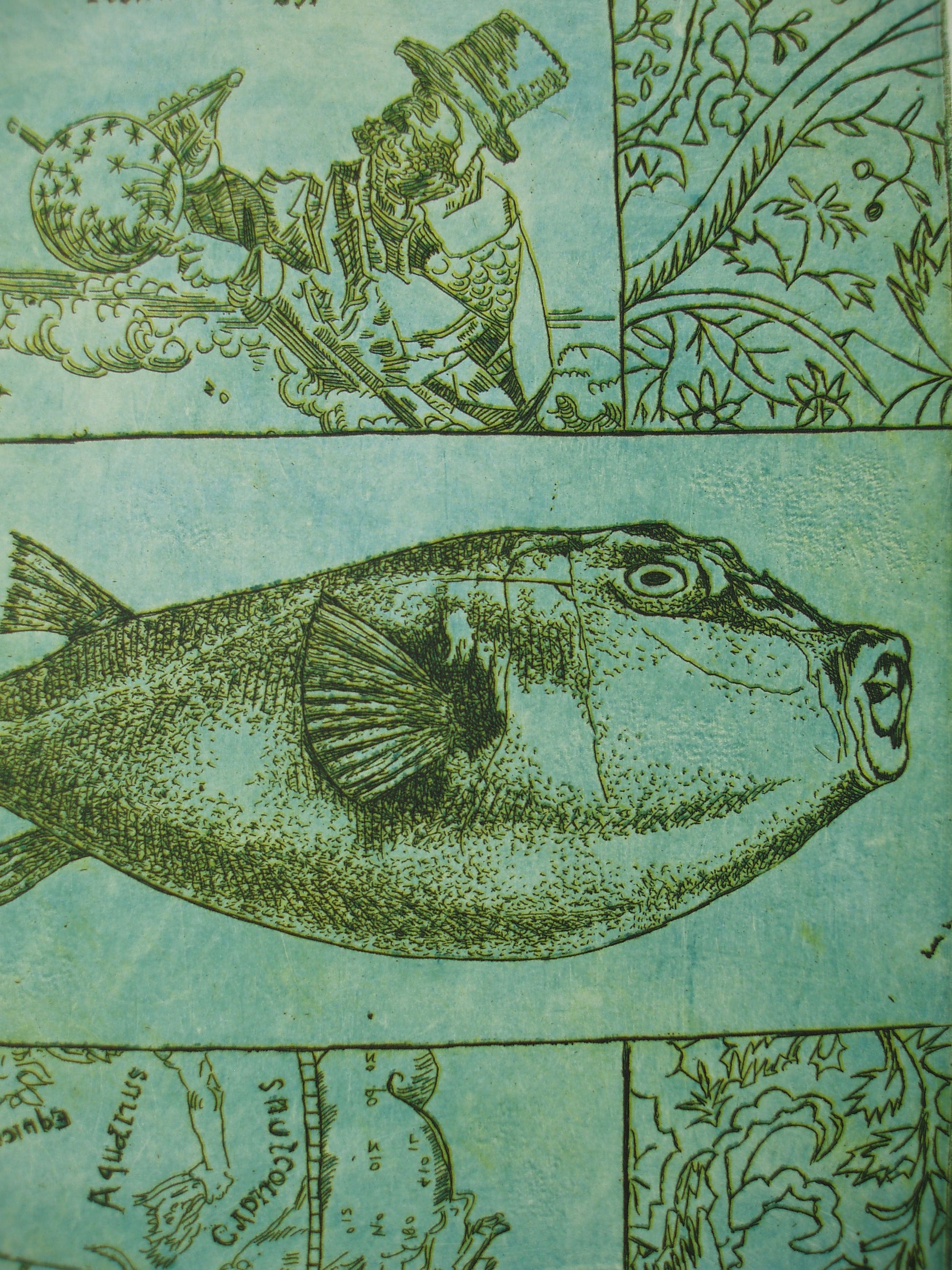 Uniek ets kunstwerk met een vis en een man met een hoed op een blauwachtige achtergrond