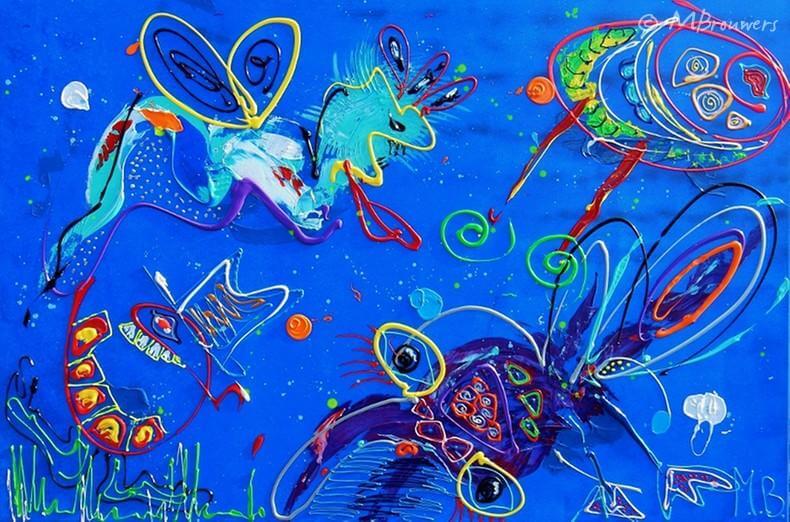Uniek kunstwerk kopen van kleurrijk abstract schilderij met fantasiedieren door Marieke Brouwers
