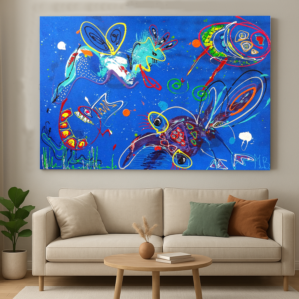 Kleurvol schilderij van Marieke Brouwers met abstracte figuren, uniek kunstwerk kopen