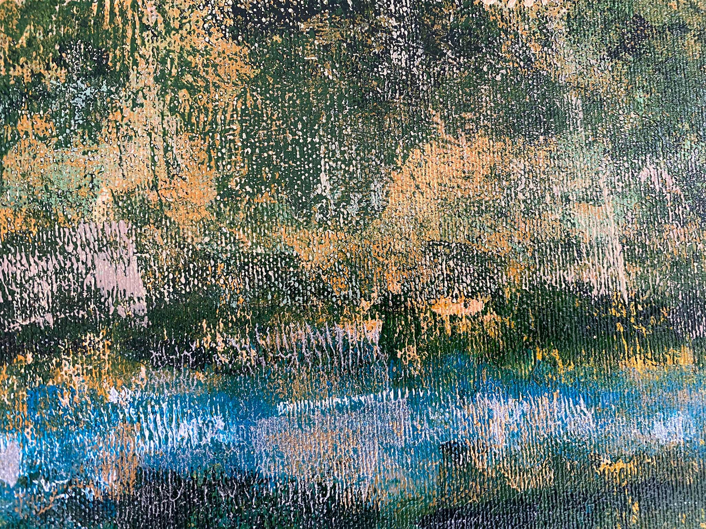 Abstract schilderij van Elise Eekhout geïnspireerd door vermiste land met rijke kleuren en texturen