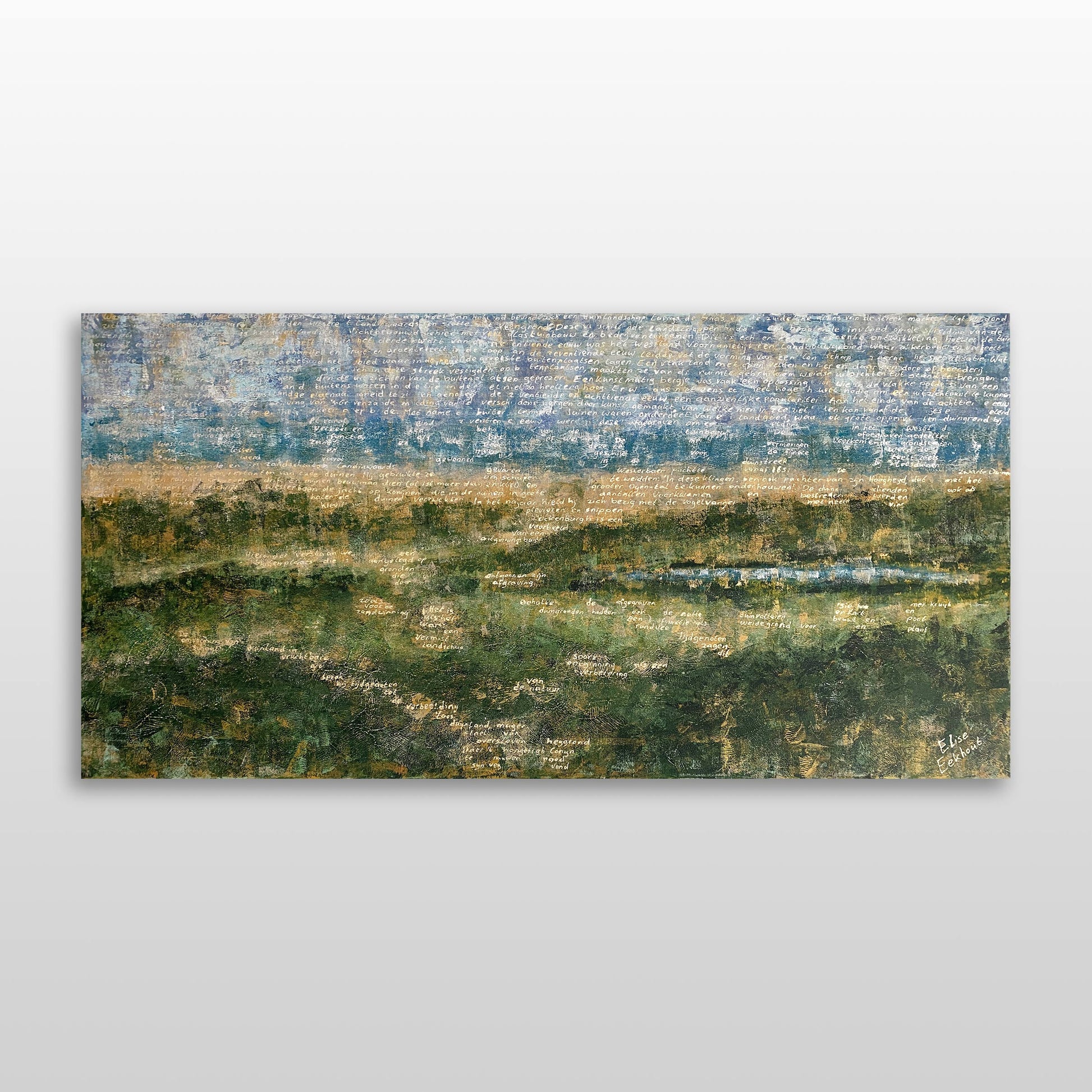 Schilderij van Elise Eekhout met de titel vermiste land, abstracte landschapsweergave in groene en blauwe tinten