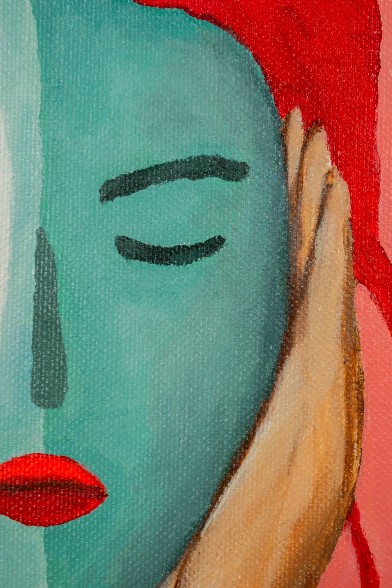 Abstract vrouw portret schilderij met gesloten ogen en heldere kleuren van Loes Kamphuis