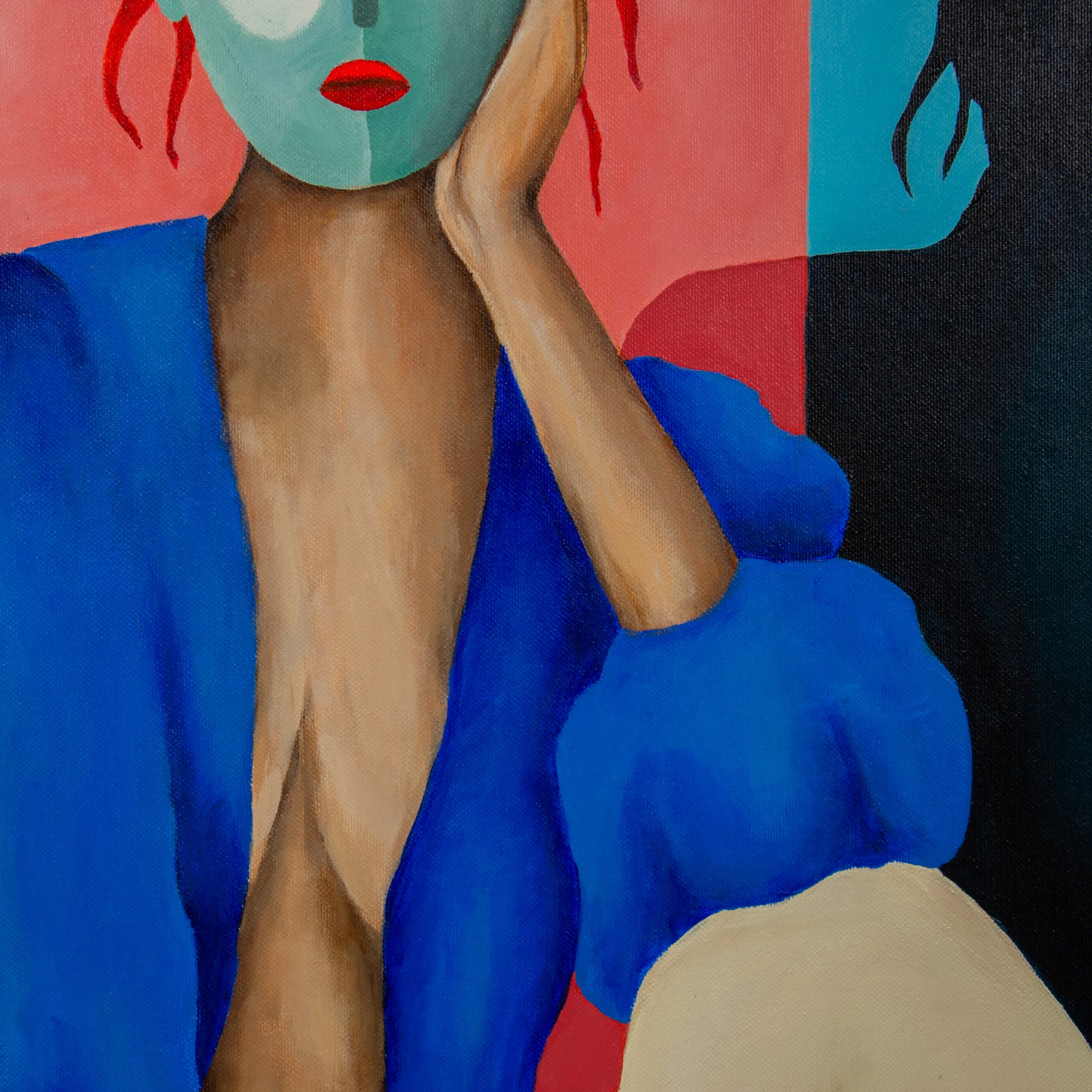 Vrouw portret schilderij van Loes Kamphuis met kleurrijke abstracte achtergrond en moderne stijl