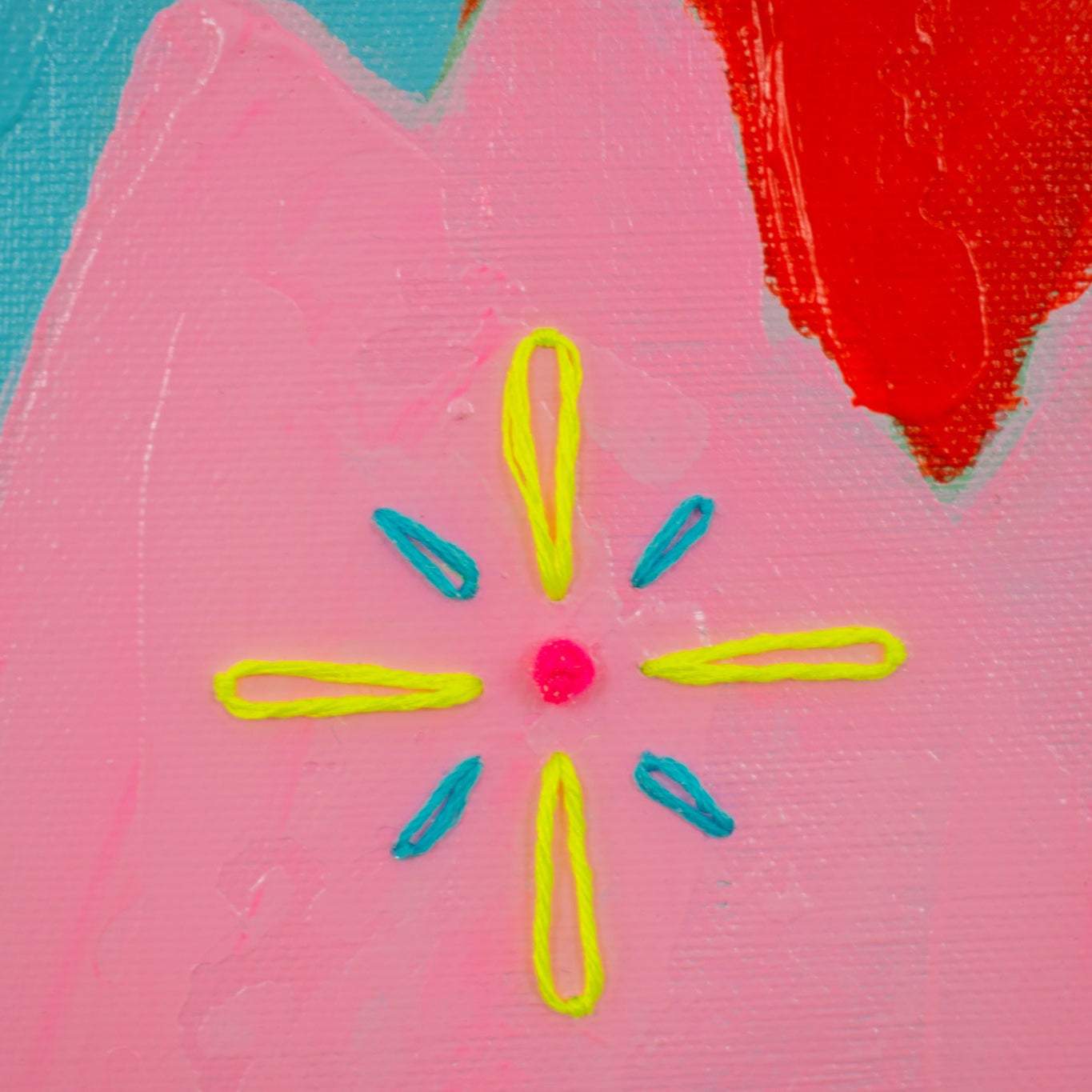 Vrouwenportret schilderij van Loes Kamphuis met kleurrijke abstracte vormen en levendige details
