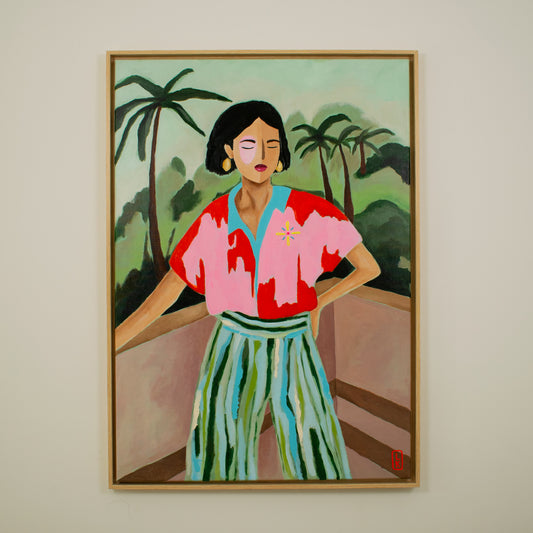 Kleurrijk vrouwenportret schilderij van Loes Kamphuis met moderne stijl en tropische achtergronden
