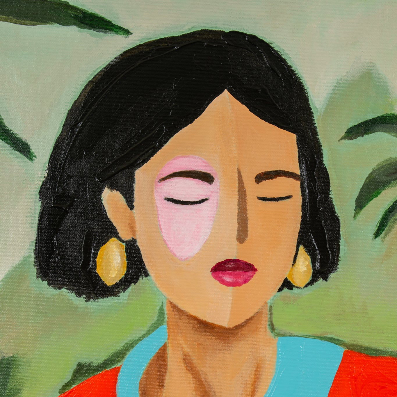 Vrouwenportret schilderij van Loes Kamphuis met heldere kleuren en een serene uitstraling
