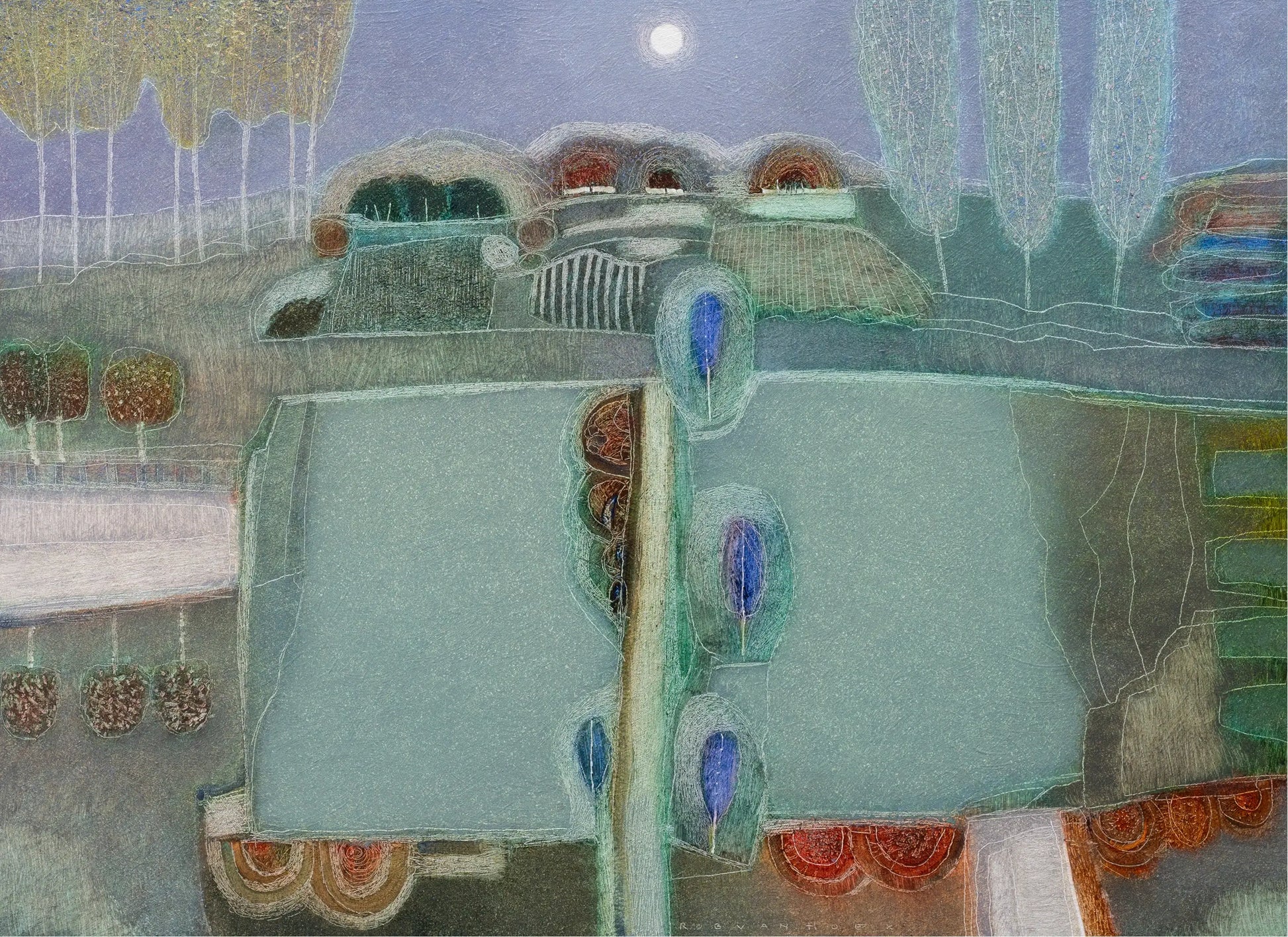 Schilderij van Rob van Hoek met het thema Walking home at sundown, kleurrijk en dromerig landschap