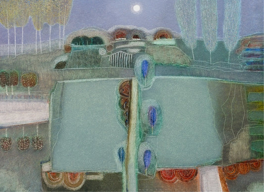 Schilderij van Rob van Hoek met het thema Walking home at sundown, kleurrijk en dromerig landschap